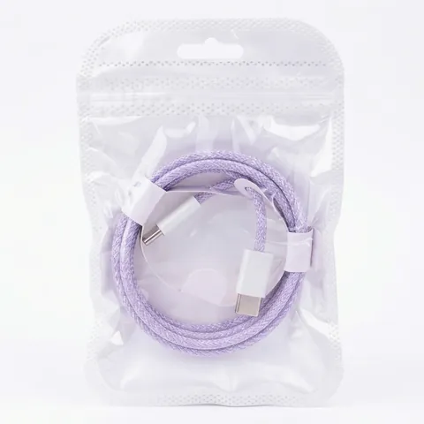 Light Purple 1m braided USB-C to USB-C charging cable, real photo in ChargeUp Co. packaging