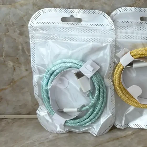 Light Green 1m braided USB-C to USB-C charging cable, real photo in ChargeUp Co. packaging