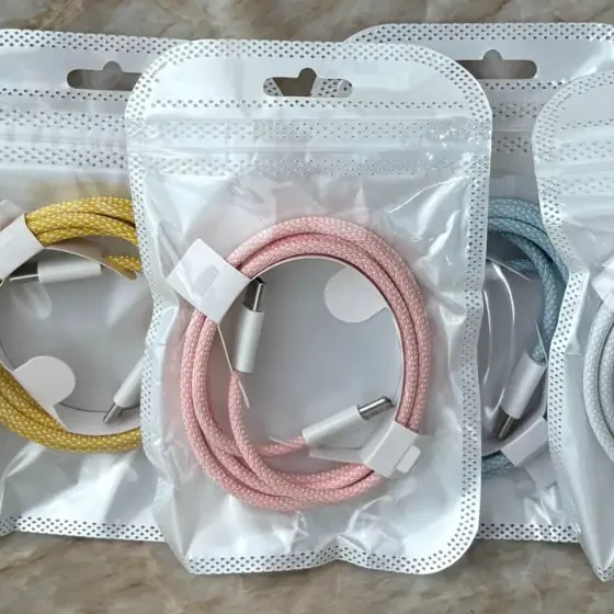 Light Pink 1m braided USB-C to USB-C charging cable, real photo in ChargeUp Co. packaging